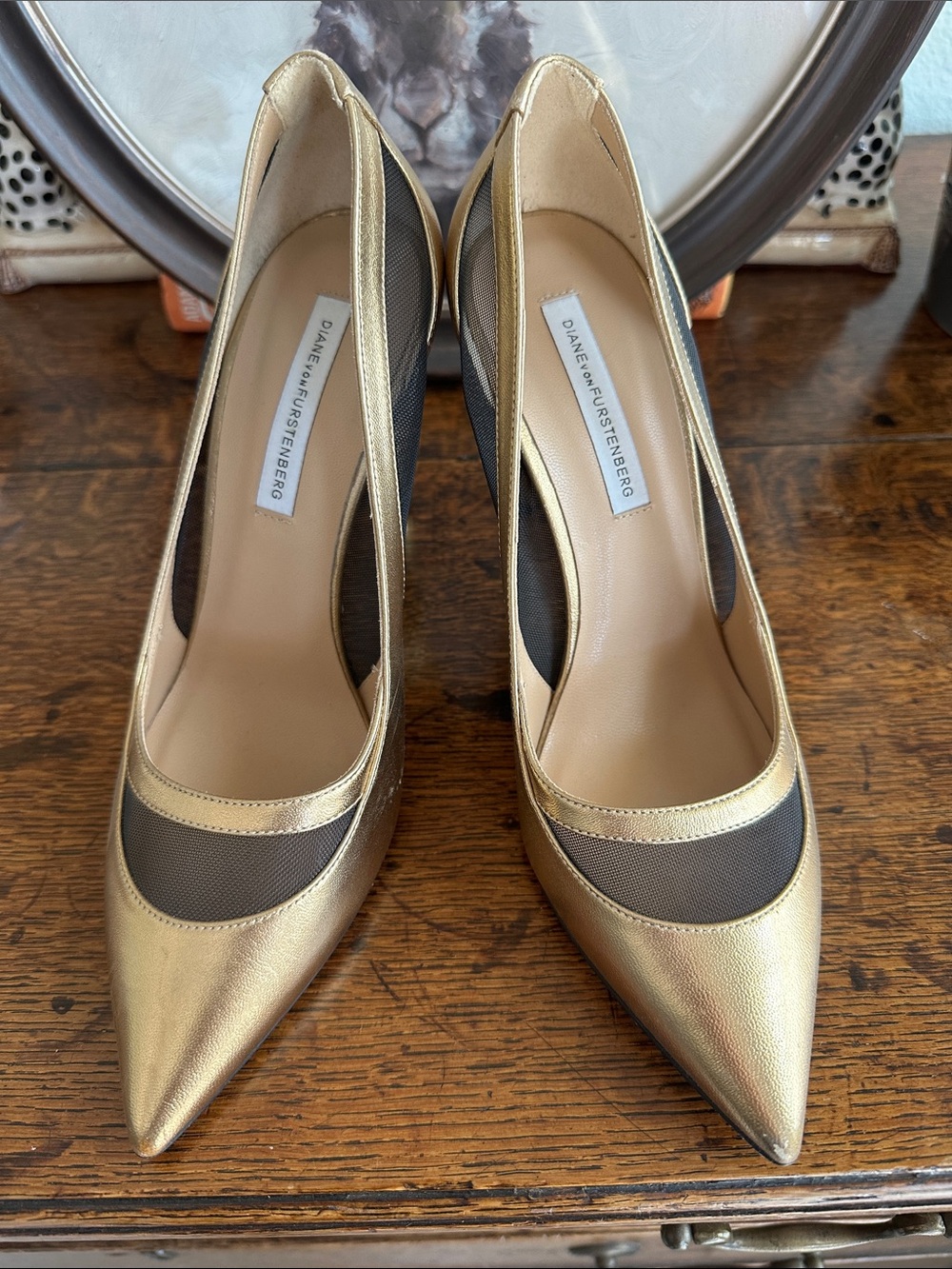 Diane Von Furstenberg Metallic Gold Pointed Mesh Pumps
